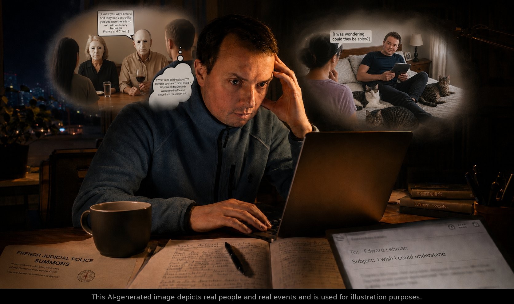 Illustration de Vincent Le Corre écrivant à Edward Lehman au sujet de soupçons d'espionnage américain en Chine, et une convocation de police.